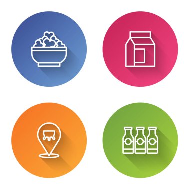 Süzme peynir, süt için kağıt paket, meme ve şişe. Renkli daire düğmesi. Vektör