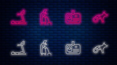 Hattı belirle büyükanne, kimlik kartı, koşu bandı makinesi ve köpek tekerlekli sandalyesi. Tuğla duvarda parlayan neon simgesi. Vektör