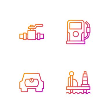 Denizde petrol platformu, gaz tankı, metal borular, valf ve benzin istasyonu. Renk simgeleri. Vektör