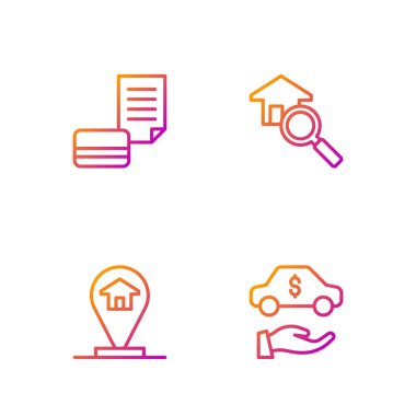 Araç kiralama, konum evi, kredi kartı ve arama hattı ayarlayın. Renk simgeleri. Vektör