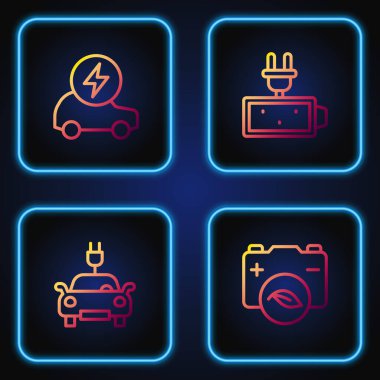 Çevre yaprağı bataryası, elektrikli araba ve pil şarjı ayarlayın. Renk simgeleri. Vektör