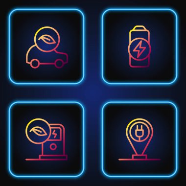 Hattı şarj eden elektrikli araba, elektrik şarj istasyonu, Eko ve Batarya şarjı ayarla. Renk simgeleri. Vektör