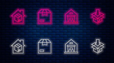 Karton karton kutu, depo, teslimat hizmetleri ve. Tuğla duvarda parlayan neon simgesi. Vektör