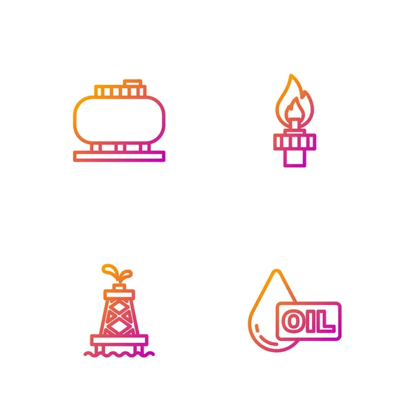 Set line Gota de aceite, plataforma, depósito de almacenamiento y con fuego. Iconos de color degradado. Vector — Vector de stock