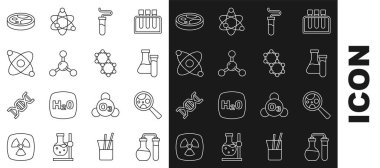 Hat test tüpü, mikroorganizmalar büyüteç, molekül, atom, bakteri ve ikon içeren Petri kabı altında ayarlayın. Vektör