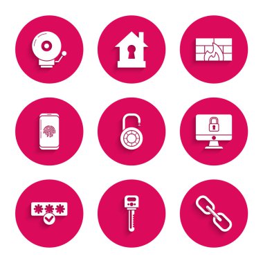 Güvenli kilit çarkını, bilgisayar monitörünü, şifre korumasını ve güvenlik erişimini, parmak izi tarayıcılı akıllı telefonu, güvenlik duvarını ve alarm zili simgesini ayarla. Vektör