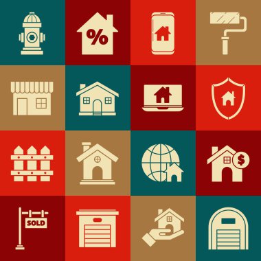Depo, dolar sembollü ev, cep telefonu akıllı ev, alışveriş binası ya da market, yangın musluğu, dizüstü bilgisayar ve ikon. Vektör