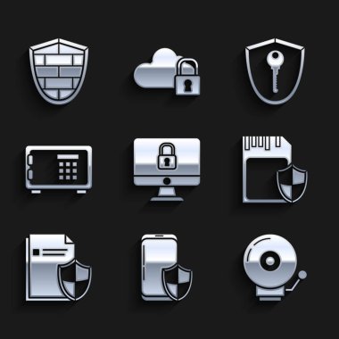 Kilidi bilgisayar monitörüne, Smartphone 'u güvenlik kalkanına, alarm ziline, SD kartına ve Doküman Koruma Konseptine, Güvenli, Kalkan anahtarı ve siber tuğla duvar simgesine ayarla. Vektör