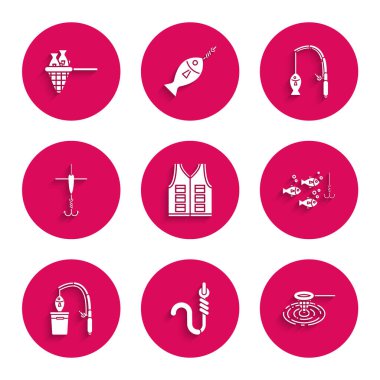 Balıkçı ceketi, kanca ve solucan, ağ suyu, altında balık, olta, yüzer ve simge. Vektör