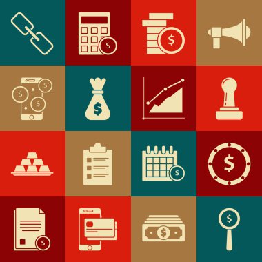 Büyüteç ve dolar sembolü, Pul, Para çantası, Akıllı Telefon, Zincir halkası ve Pie grafik ikonu ile madeni para ayarlayın. Vektör