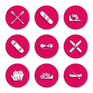 Kaykay numarası, sokak rampasında bisiklet, Rafting botu, kayak ve sopalar, eldivenler ve çapraz kürek ikonu. Vektör