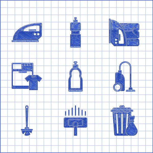 Set Plastikflaschen für flüssiges Spülmittel, Staubsauger, Mülleimer und Müllsack, Toilettenbürste, Waschmaschine T-Shirt, elektrisches Bügeleisen Handtuch und Symbol. Vektor — Stockvektor