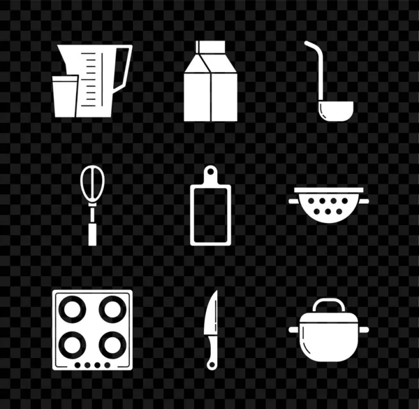 Set Messbecher, Papierverpackung für Milch, Suppenkelle, Gasherd, Messer, Kochtopf, Schneebesen und Schneidbrett-Symbol. Vektor — Stockvektor