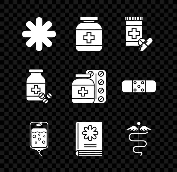 Set Médico de hospital cruzado, frasco de medicina y pastillas, bolsa intravenosa, libro médico, símbolo de serpiente caduceus e icono. Vector — Vector de stock