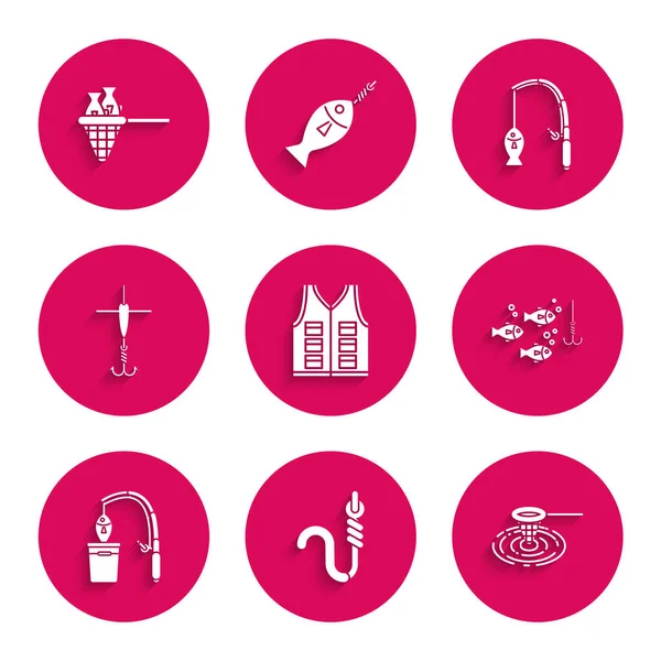 Balıkçı ceketi, kanca ve solucan, ağ suyu, altında balık, olta, yüzer ve simge. Vektör