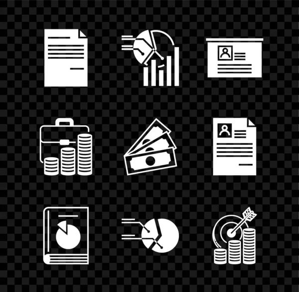 Set Document, Pie chart infographic, Board with resume, User manual, Target coin symbol, Briefcase, Stacks paper money icon. Vector — 스톡 벡터