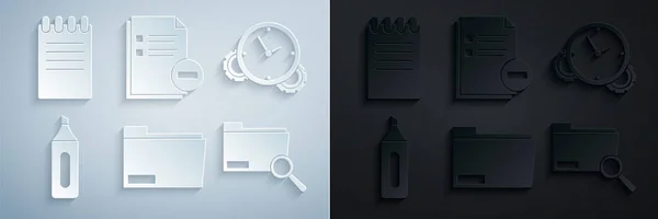 Establecer carpeta de documento, Gestión de tiempo, Marcador pluma, Concepto de búsqueda con, menos y Notebook icono. Vector — Vector de stock