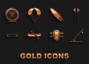 Rafting teknesi, kayak direkleri, kaykay, dizlikler, sörf tahtası, bisiklet tekerleği ve paraşüt ikonu. Vektör