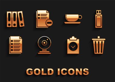 Web kamerası, USB flaş bellek, çöp kutusu, tamamlanmış görev, dosya, kahve fincanı dairesi, evraklı ofis dosyaları ve Belge eksi simgesini ayarla. Vektör