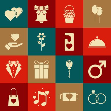 Evlilik yüzükleri, erkek cinsiyet sembolü tepside yemek tepsisi, çiçek sepeti, elinde kalp, İki Bağlı Kalp ve lütfen kalp ikonunu rahatsız etmeyin. Vektör