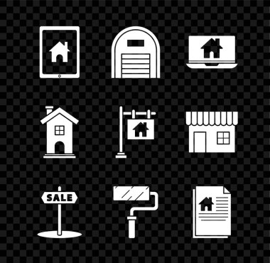 Tablet ve akıllı ev, depo, dizüstü bilgisayar, yazı indirimi, boya fırçası, ev sözleşmesi, ev sembolü ve simgeyle asılma tabelası. Vektör