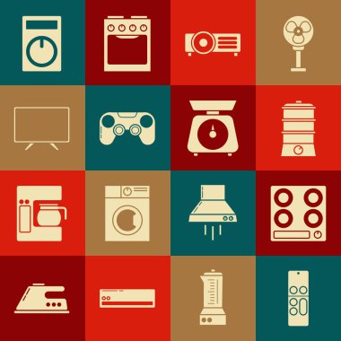 Uzaktan kumanda, gaz ocağı, çift kazan, Gamepad, Akıllı TV ve Ölçek simgesini ayarla. Vektör