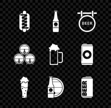 Hotdog sandviçi, hardal, bira şişesi, sokak tabelası yazıtları, bir bardak bira, tahta fıçı, tahta raf durdurucu ve ikon. Vektör