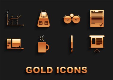 Kahve fincanı, sunum finans kurulu grafiği, çizelge, diyagram, bilgi grafiği, pasta grafiği, kalem, bilgisayar monitörü klavye ve fare, alarm zili, turta ve okul sırt çantası simgesi. Vektör