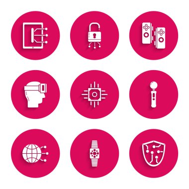 Set İşlemcisi, Smartwatch, Siber Güvenlik, Gamepad, Global Teknoloji Sosyal Ağı, Sanal gerçeklik gözlükleri ve Tablet simgesi. Vektör