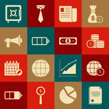 Dosya belgesini ayarla, dolar sembollü dünya küresi, madeni para, pil şarj göstergesi, megafon, kasa ve yığın kağıt para ikonu. Vektör