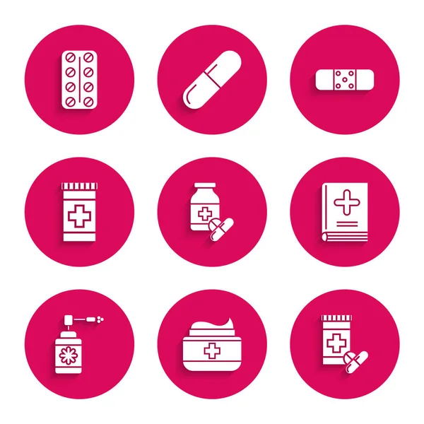 Gyógyszeres palack és tabletták, kenőcs krém cső gyógyszer, orvosi könyv, fúvóka spray, kötés vakolat és tabletta buborékcsomagolás ikon. Vektor — Stock Vector