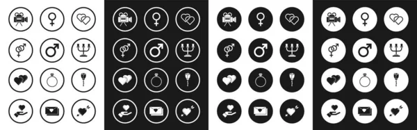 Set Two Linked Hearts, männliches Geschlechtssymbol, Geschlecht, Kinokamera, Leuchter, Weiblich, Blume Rose und Symbol. Vektor — Stockvektor