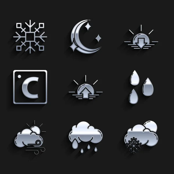 Tramonto, Nuvola con pioggia, neve e sole, Goccia d'acqua, Tempo ventoso, Celsius, Tramonto e Fiocco di neve icona. Vettore — Vettoriale Stock