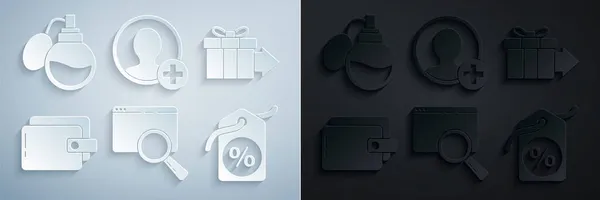 브라우저 창, 선물 상자, 월렛, 카운트 % 태그, 크라 테 이 션 계좌 화면, 향수 아이콘으로 검색을 설정 한다. Vector — 스톡 벡터