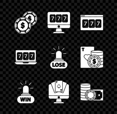 Kumarhane çipine dolar, online kumar makinesi Lucky Seven 's jackpot, win, poker masası oyunu, çipler ve para desteleri, ve ikon kaybetmek. Vektör