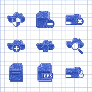 Bulut gönderme, EPS dosya belgesi, dizin ve kilit, Arama Bulut hesaplaması, Belge, Ekle, Sil ve Kalkan simgesini ayarla. Vektör