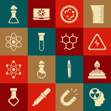 İnsan kafası ve radyasyon, alkol veya ruh yakıcı, yüksek voltaj işareti, bakteri, deney tüpü kimyasalı, atom ve kimyasal formül ikonu ayarlayın. Vektör