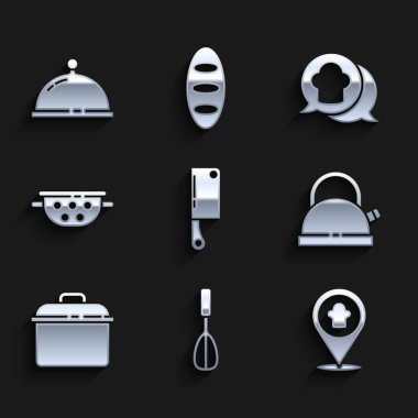Et doğrayıcı, mutfak çırpıcısı, konumu olan aşçı şapkası, tencere kulpu, yemek tenceresi, süzgeç, konuşma balonu ve kaplanmış yemek ikonu. Vektör