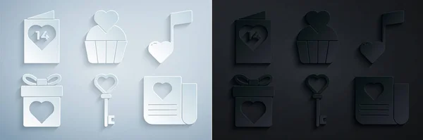 Set Schlüssel in Herzform, Noten, Ton mit Herzen, Geschenkbox, Umschlag Valentine, Hochzeitstorte und Valentinstag Flyer Symbol. Vektor — Stockvektor