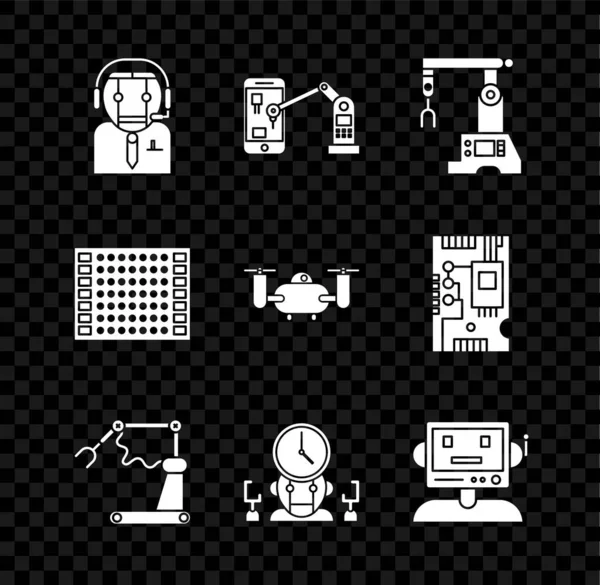 Σετ ρομπότ εργαζόμενος, ρομποτικό χέρι ρομποτικών μηχανών, γραμμή συναρμολόγησης, εργοστάσιο, ψηφιακός χρονικός διευθυντής ρομπότ, τυπωμένος πίνακας κυκλωμάτων PCB και Drone που πετούν με το εικονίδιο μηχανών δράσης. Διάνυσμα — Διανυσματικό Αρχείο