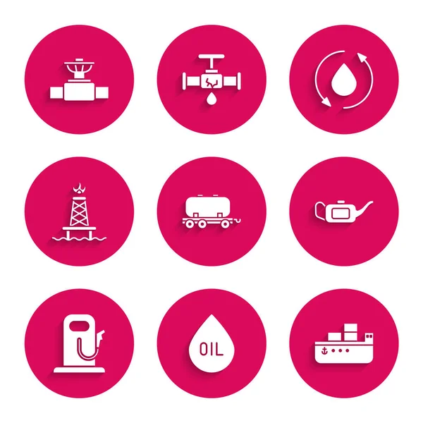 Ställ olja järnvägen cistern, släpp, tankfartyg, behållare för motorolja, bensinstation, rigg med brand, och industri rör och ventil ikon. Vektor — Stock vektor