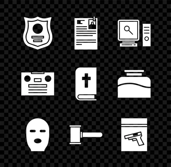 Set Insignia de la policía, Papel de la demanda, Búsqueda en la pantalla de la computadora, Máscara de ladrón, Martillo de juez, Bolsa de evidencia y pistola o arma, cinta de audio retro y el icono del libro de la Biblia Santa. Vector — Archivo Imágenes Vectoriales