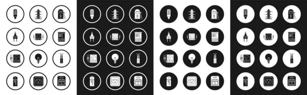 Set Elektrische auto oplaadstation, ampère meter, multimeter, voltmeter, stekker, LED-lamp, autobatterij, hoogspanningslijn, kabel en icoon. Vector — Stockvector