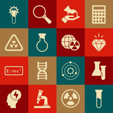 Test tüpünü, matarayı, elması, radyasyonlu üçgeni ve Dünya ikonunu hazırlayın. Vektör