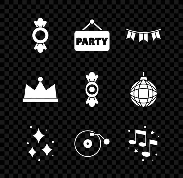 Set Snoep, Signboard party, Carnaval slinger met vlaggen, Vuurwerk, Vinyl speler schijf, Muzieknoot, toon, Kroon en pictogram. Vector — Stockvector
