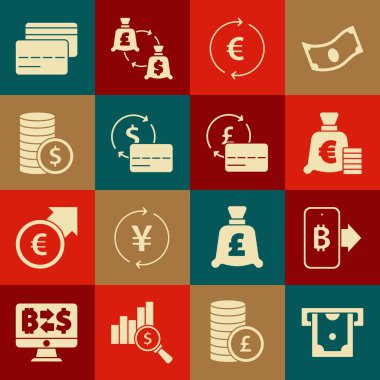 ATM, para, cep telefonundan madencilik, Euro sembollü sikke, kredi kartı, dolar ve ikon. Vektör
