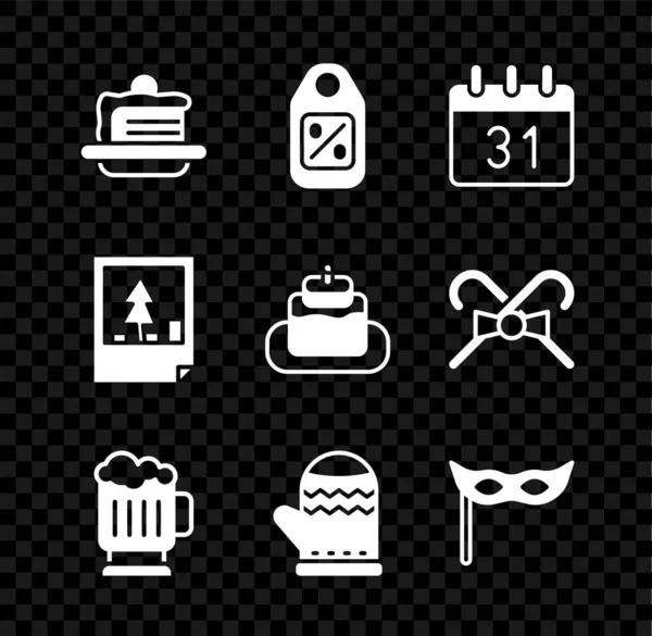 Set dort, cenovka s prodejem, kalendář, dřevěný hrnek na pivo, vánoční rukavice, slavnostní maska, pohlednice a ikona. Vektor — Stockový vektor