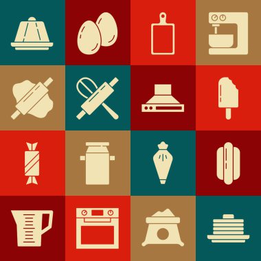 Krep yığını, Hotdog sandviçi, dondurma, kesme tahtası, mutfak çırpma pimi, hamur üstünde yuvarlanma, puding kreması ve vantilatör ikonu. Vektör