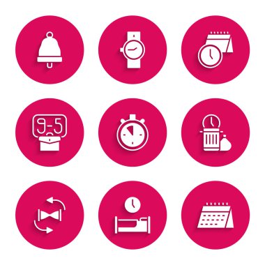 Kronometre, Zaman uykusu, Takvim, zaman kaybı, kum saatli eski kum saati, saat ve zil simgesi. Vektör