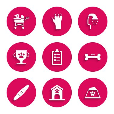 Bakım salonu fiyat listesi, köpek evi ve pençe izi, evcil hayvan yemek kasesi, kemik, tırnak törpüsü, ödül, duş ve bebek arabası ikonu. Vektör